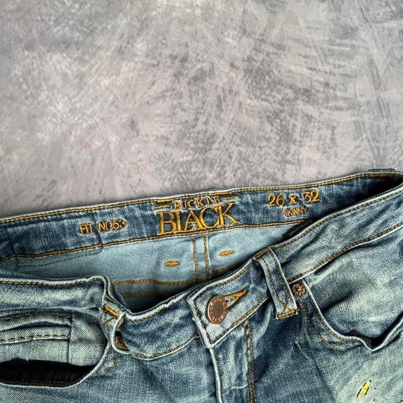 Buckle Black Fit No 53 Skinny Jeans Womens 26x32 Blue Rhinestone Star Y2K Grunge - Picture 3 of 8